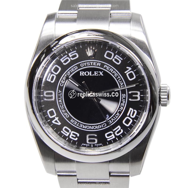 Rolex OYSTER PERPETUAL Replica - Automatic - Steel Case, Black Dial on Silver Strap - Luxury Replica OYSTER PERPETUAL Watch