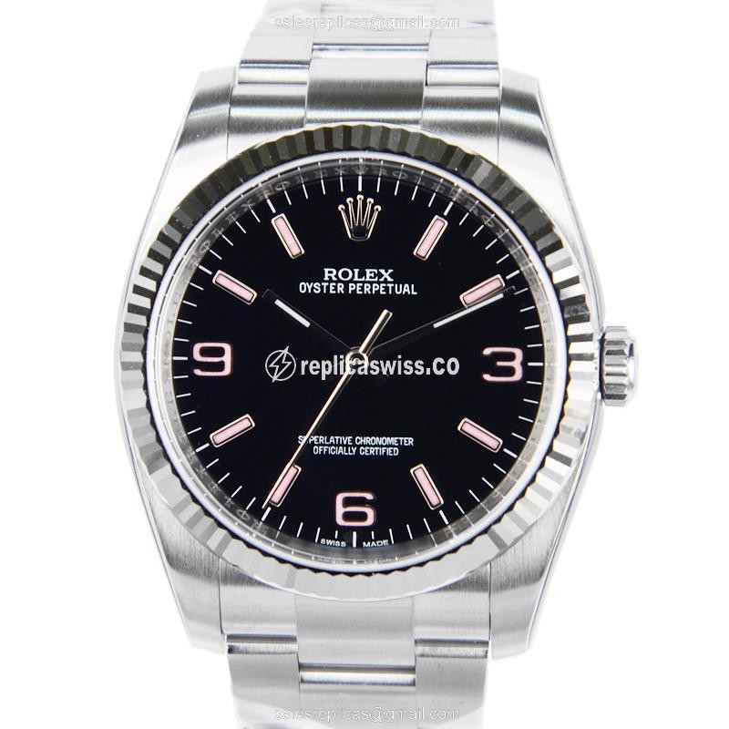 Rolex OYSTER PERPETUAL Replica - Automatic - Black Dial, Silver Clasp & Steel Strap - Luxury Replica OYSTER PERPETUAL Watch