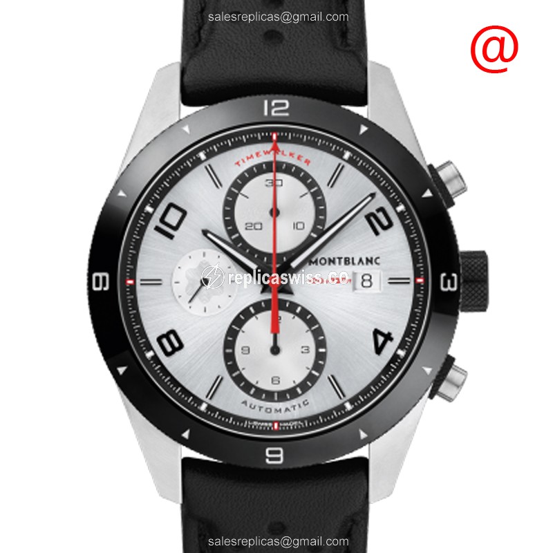 Mont Blanc TIMEWALKER Replica - Automatic - Steel Case - Silver Dial - Black Leather Strap - Luxury Replica TIMEWALKER Watch