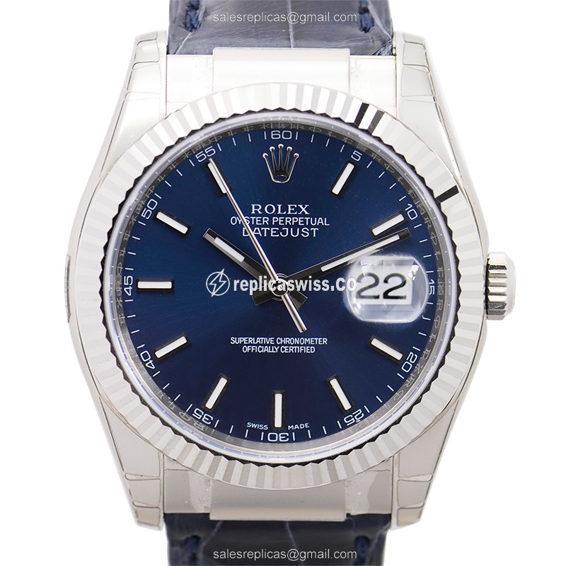 Rolex OYSTER PERPETUAL Replica - Automatic - 18kt Gold - Blue Dial, Alligator Strap