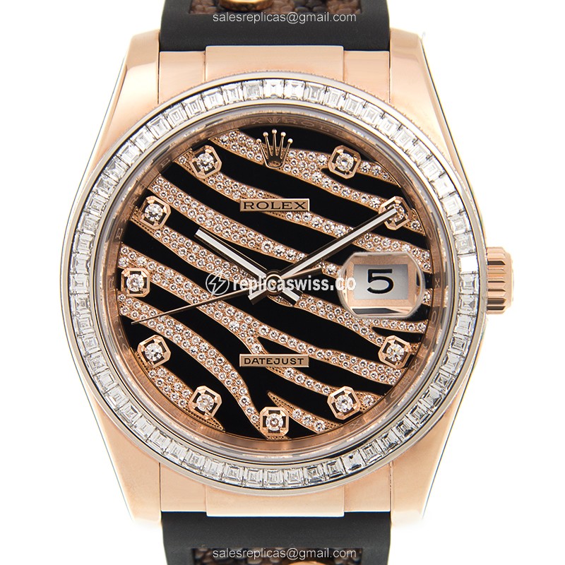 Rolex Datejust Replica - Automatic - 18kt Rose Gold Case - Black Dial on Black Rubber Strap