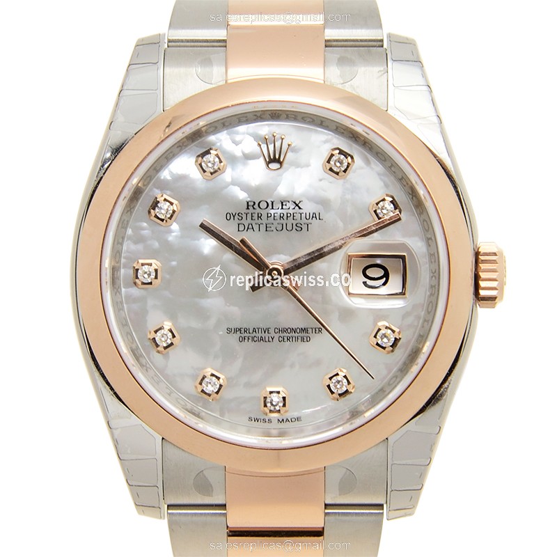 Rolex Datejust Replica - Automatic - 18kt Rose Gold & Steel Case - White Dial, Silver Clasp & Strap