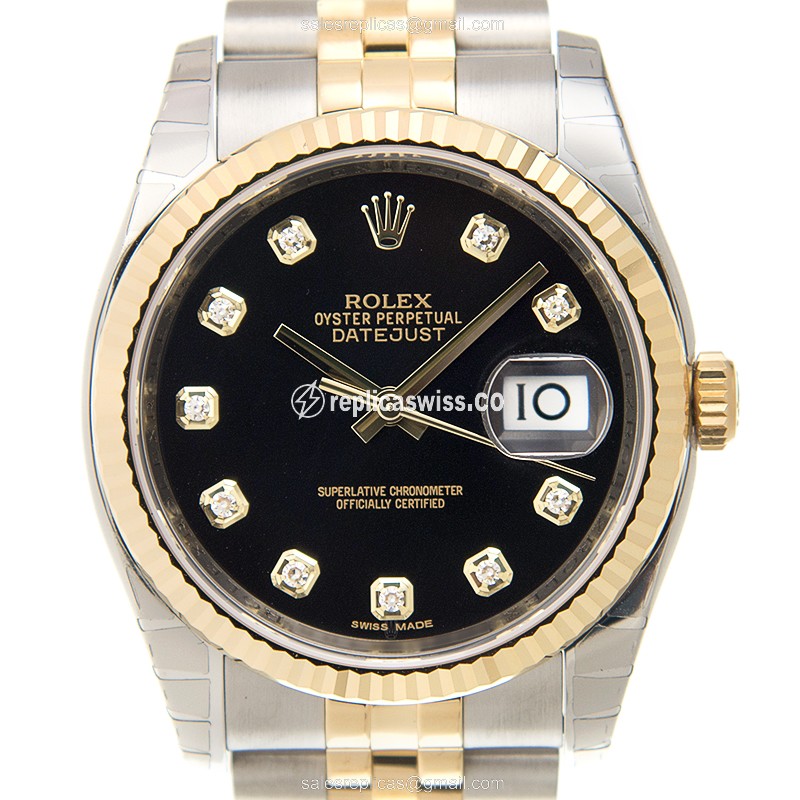 Rolex DATEJUST Replica - Automatic - 18kt Gold Case - Black Dial, Gold Strap