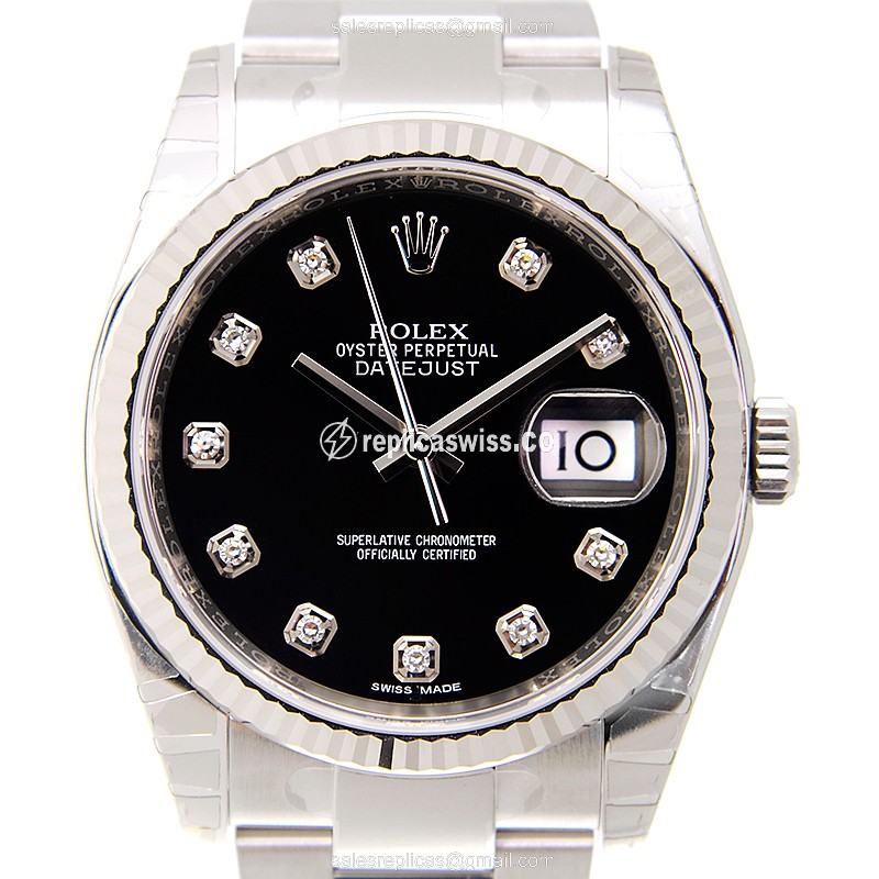 Rolex Datejust Replica - Automatic - 18kt White Gold - Black Dial - Silver Steel Strap - Luxury Replica DATEJUST Watch