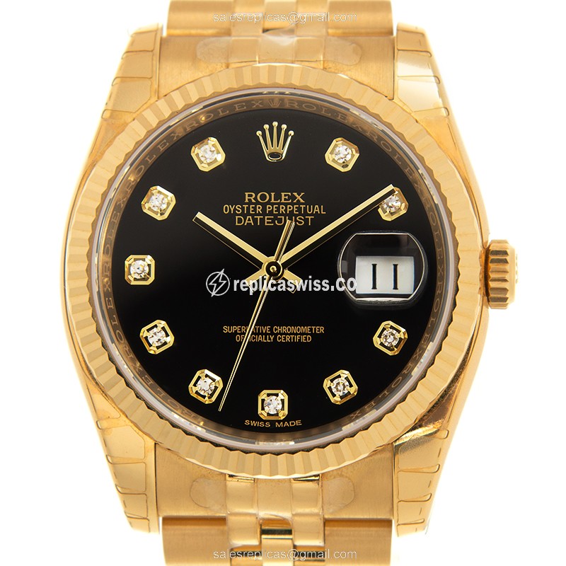 Rolex Datejust Replica - Automatic - 18kt Gold - Black Dial, Gold Clasp