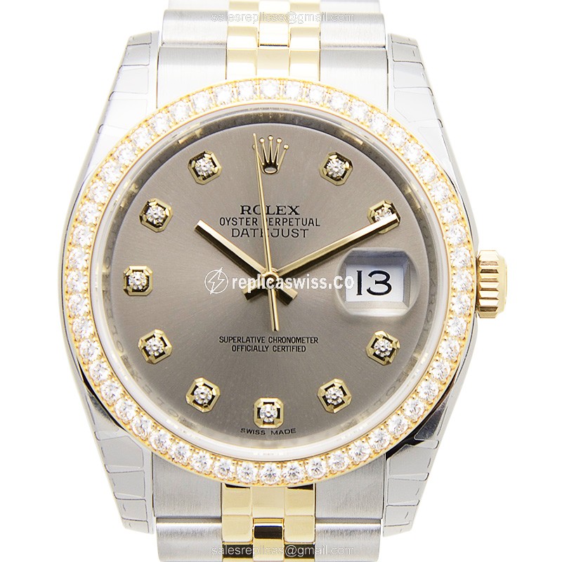 Rolex DATEJUST Replica - Automatic - 18kt Gold - Diamond Bezel - Gray Dial