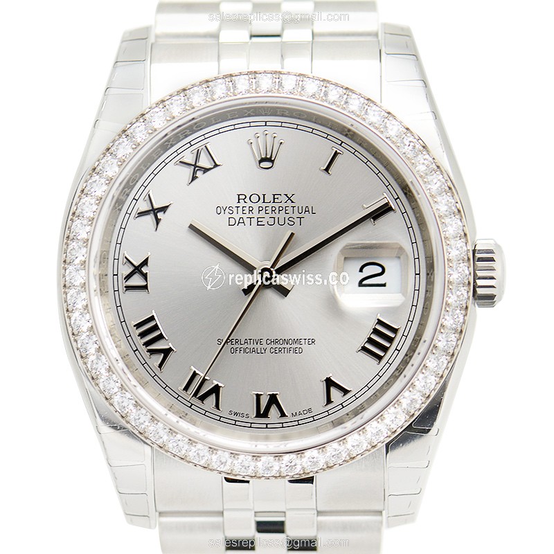 Rolex Datejust Replica - Automatic - Stainless Steel - Diamonds - Gray Dial - Silver Clasp
