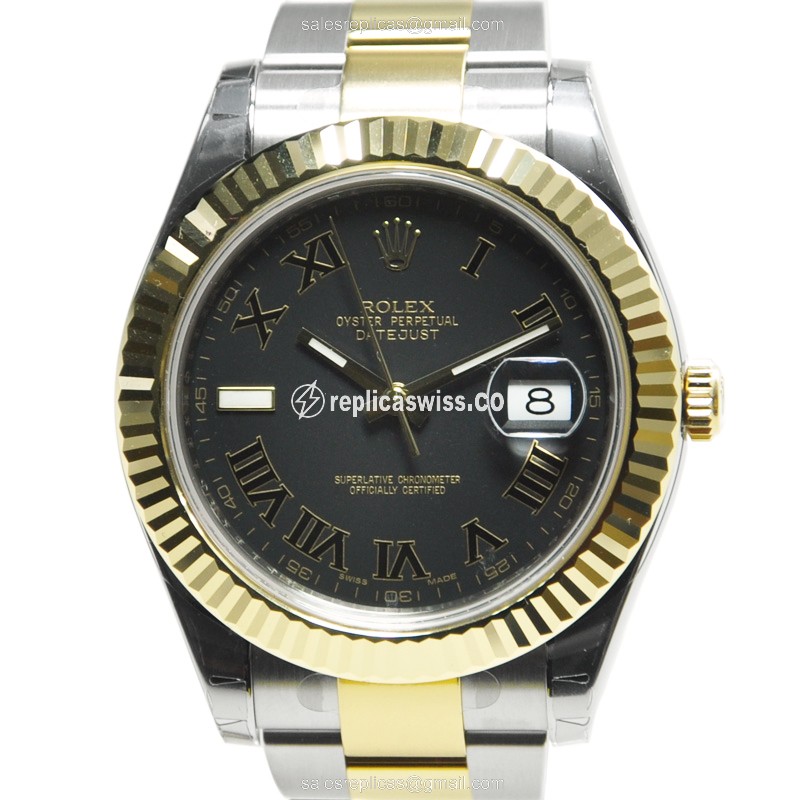 Rolex DATEJUST Replica - Automatic - 18kt Gold & Steel - Black Dial - Silver Strap - Luxury Replica DATEJUST Watch