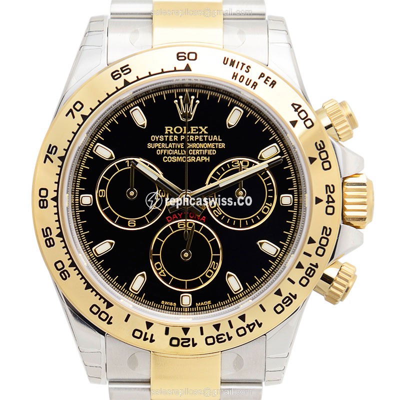 Rolex Daytona Replica - Automatic - 18kt Gold & Steel - Black - Gold Clasp