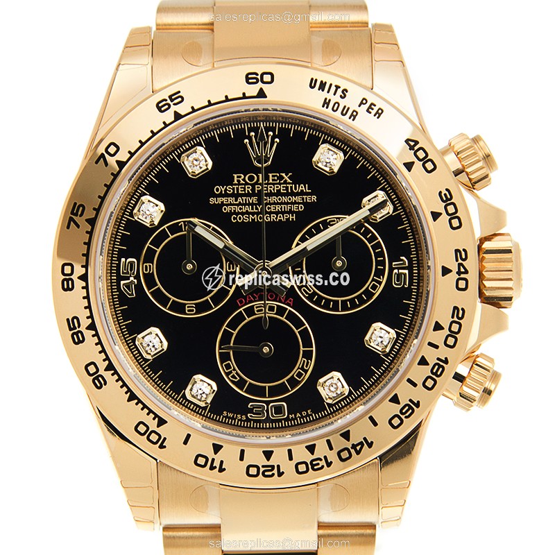 Rolex Daytona Replica - Automatic - 18kt Gold - Black Dial - Gold Strap - Luxury Replica DAYTONA Watch