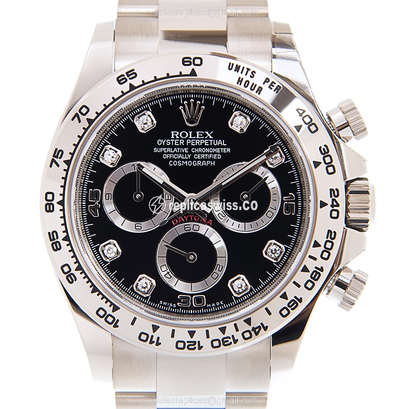 Rolex Daytona Replica - Automatic - 18kt Gold Case - Black Dial on Silver Strap - Luxury Replica DAYTONA Watch