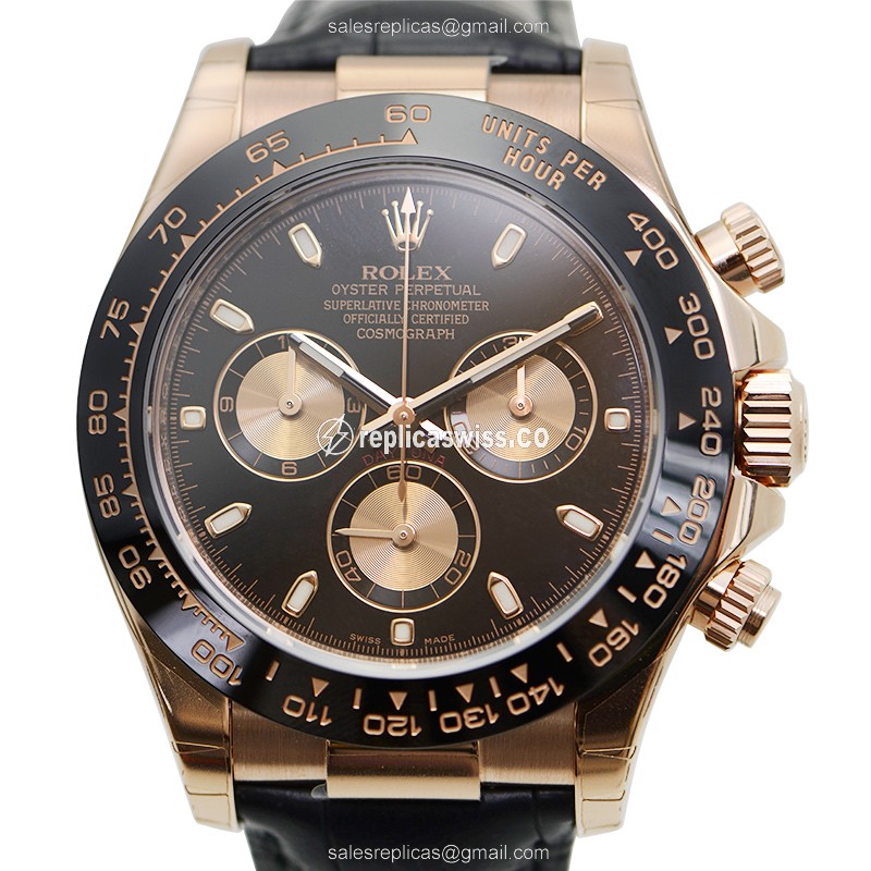 Rolex Daytona Replica - Automatic - 18kt Rose Gold - Black Dial - Leather Strap - Luxury Replica DAYTONA Watch