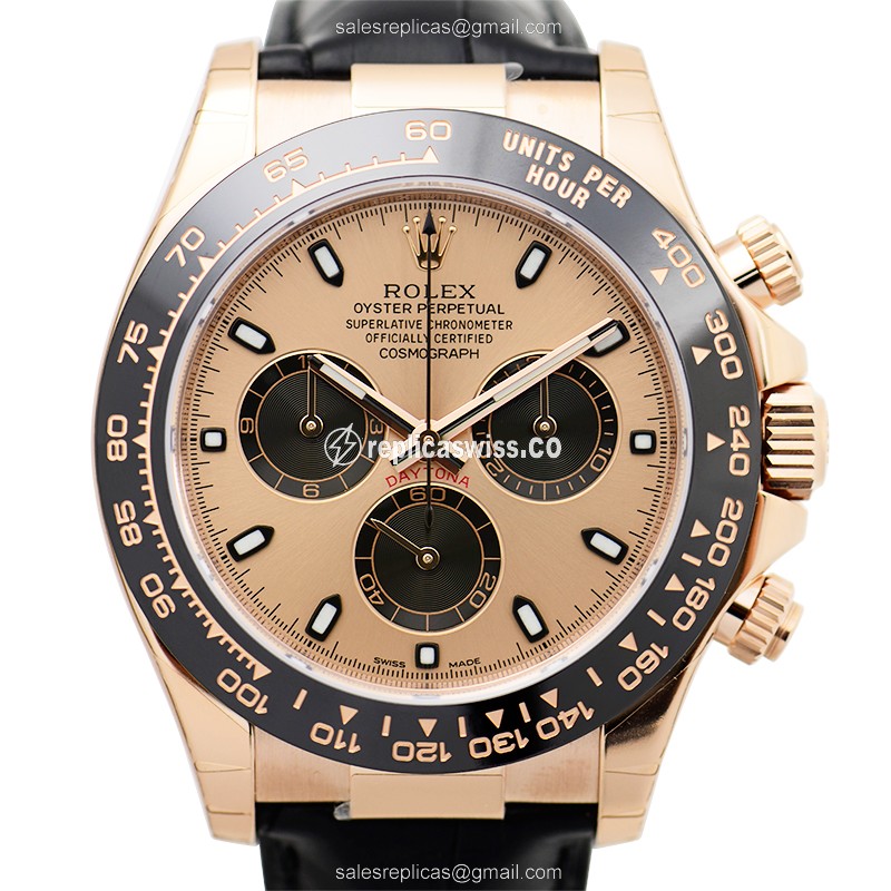Rolex Daytona Replica - Automatic 18kt Gold - Pink Dial - Black Leather Strap