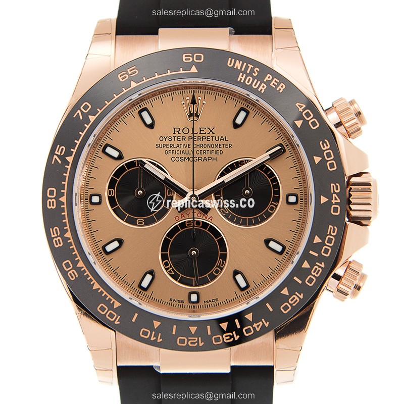 Rolex Daytona Replica - 18kt Gold - Pink Dial - Automatic - Black Rubber Clasp