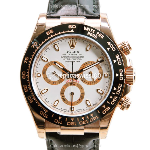 Rolex Daytona Replica 18kt Gold - Automatic - White Dial - Leather Strap