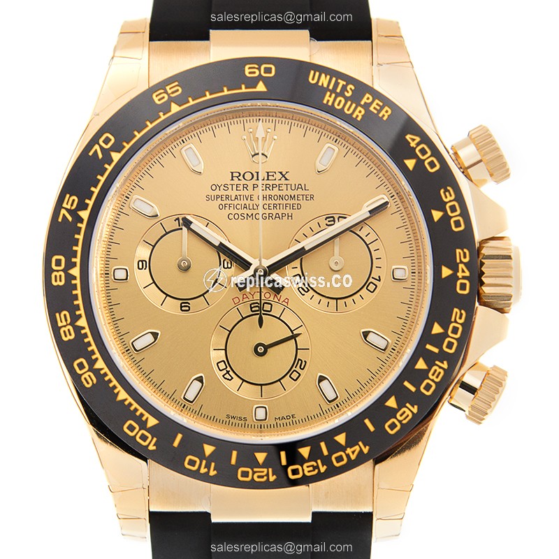 Rolex Daytona Replica - Automatic | 18kt Yellow Gold | Gold Dial | Rubber Strap