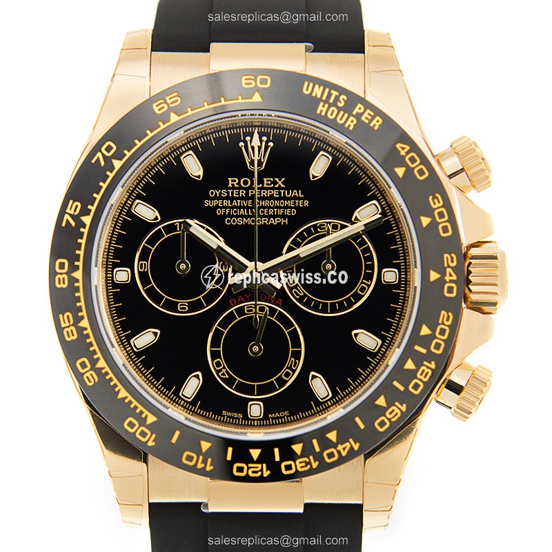Rolex Daytona Replica - Automatic - 18kt Gold - Black Dial, Rubber Strap
