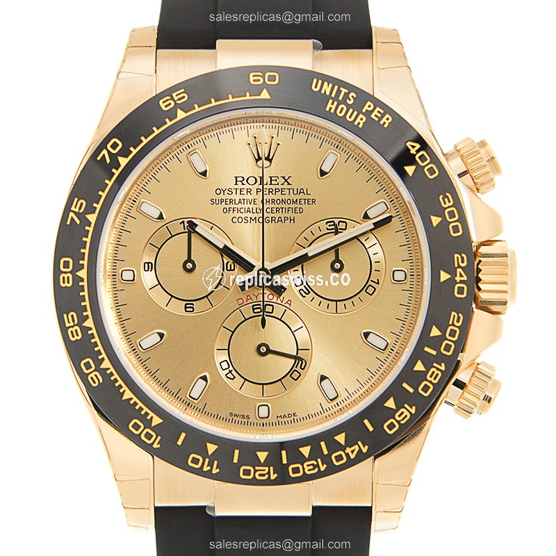 Rolex Daytona Replica - Gold Case - Automatic - Gold Dial - Black Rubber Strap