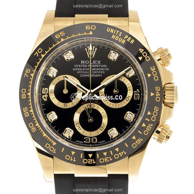 Rolex Daytona Replica - Automatic - 18kt Gold - Black Dial - Rubber Strap - Luxury Replica DAYTONA Watch