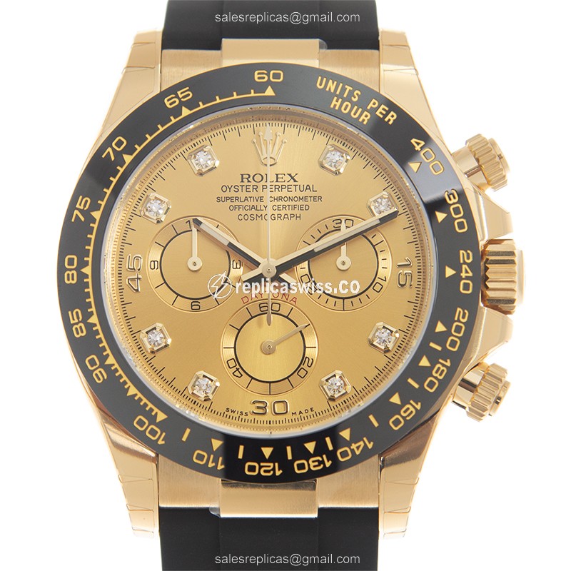 Rolex Daytona Replica | Automatic | 18kt Gold Case | Gold Dial | Black Rubber Strap
