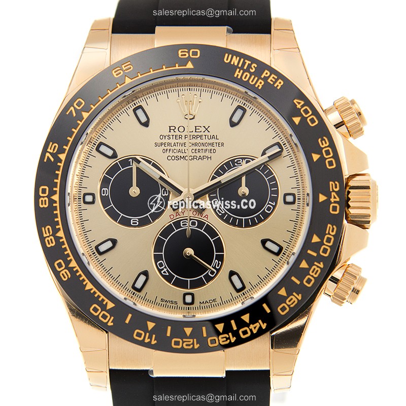 Rolex Daytona Replica - 18kt Gold Case - Automatic - Gold Dial - Rubber Strap