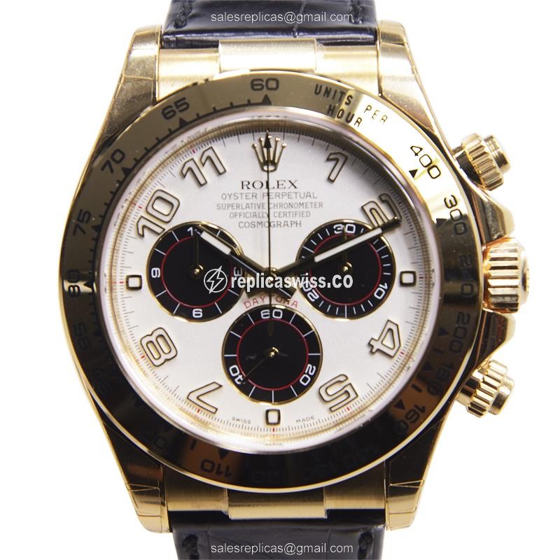 Rolex Daytona Replica - Automatic - 18kt Gold - White Dial, Black Leather Strap