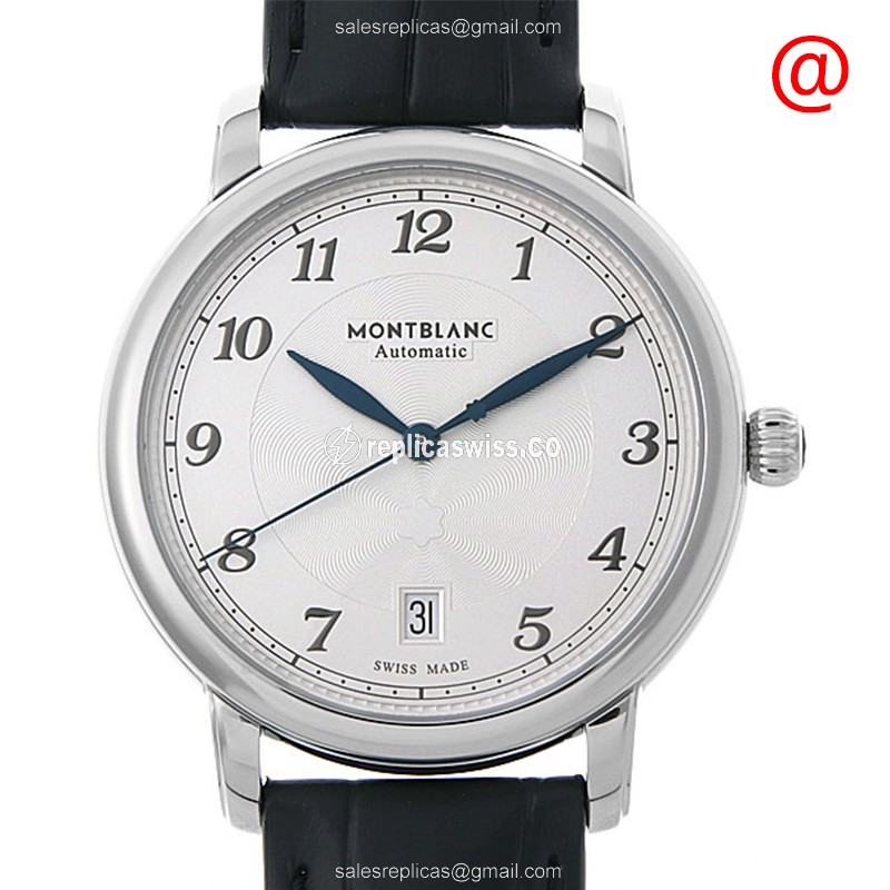 Mont Blanc STAR Legacy Replica - Automatic - Steel Case - Silver Dial - Black Leather Strap - Luxury Replica STAR LEGACY Watch