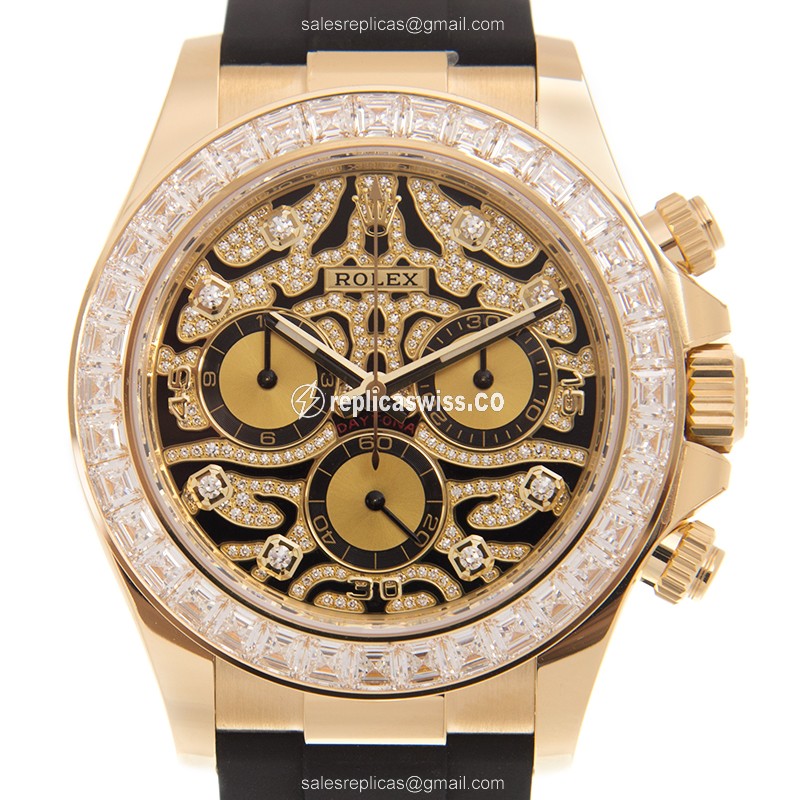 Rolex Daytona Replica Gold Case, Diamond - Automatic - Gold Dial - Rubber Strap - Luxury Replica DAYTONA Watch