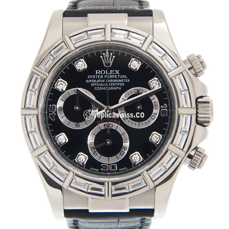 Rolex Daytona Replica - Automatic - 18kt White Gold - Diamond Bezel - Black Dial - Alligator Strap