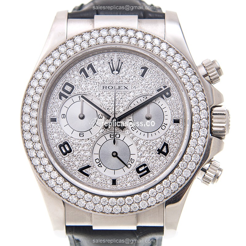 Rolex Daytona Replica - Automatic - 18kt White Gold - Diamond Case - Silver Dial