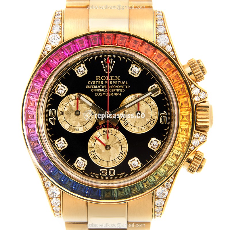Rolex Daytona Replica - Automatic - 18kt Gold - Diamond Bezel - Black Dial