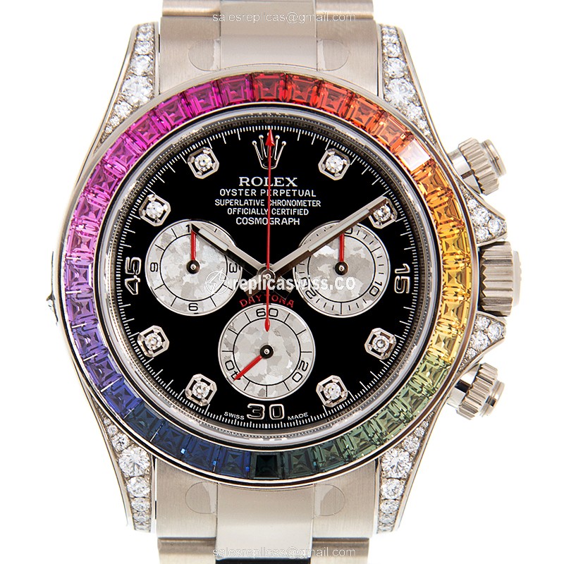 Rolex Daytona Replica - 18kt White Gold - Diamond Case - Black Dial - Automatic - Silver Clasp