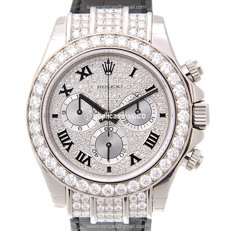 Rolex Daytona Replica - White Gold Case - Diamond Bezel - Silver Dial - Automatic Clasp