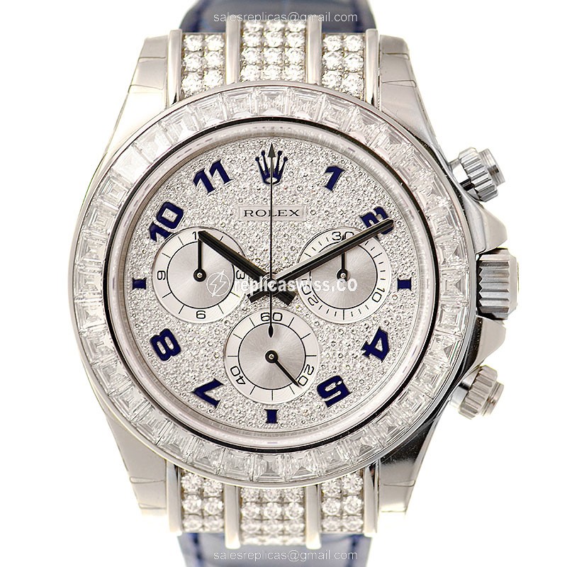 Rolex Daytona Replica - 18kt White Gold - Diamond Bezel - Silver Dial - Blue Alligator Strap