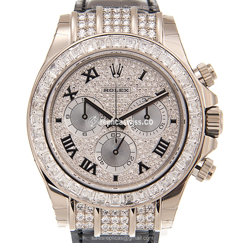Rolex Daytona Replica - 18kt White Gold - Diamond Bezel - Automatic - Silver Dial
