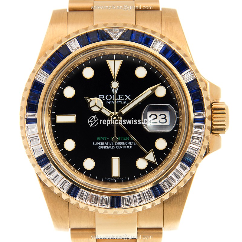 Rolex Daytona Replica - Automatic - 18kt Gold Case - Black Dial - Gold Alligator Strap