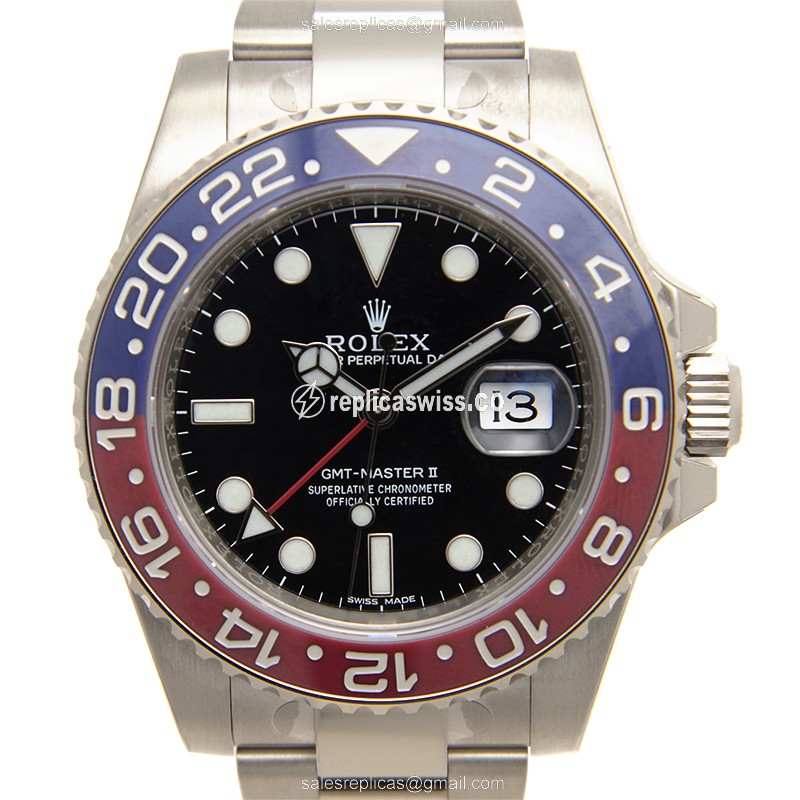 Rolex GMT-MASTER II Replica - 18kt Gold - Black Dial - Automatic - Silver Strap - Luxury Replica GMT-MASTER II Watch