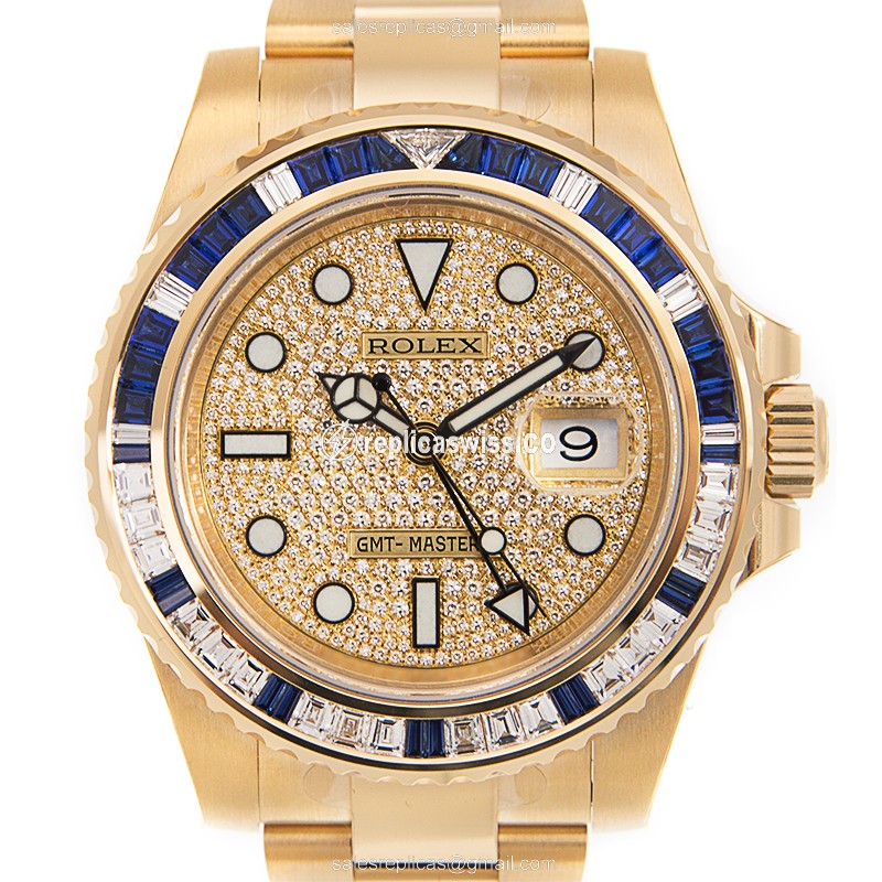 Rolex GMT Master II Replica - Automatic - Gold Case - Diamond - Gold Dial - Luxury Replica GMT-MASTER II Watch