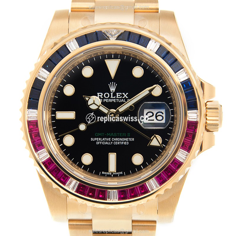 Rolex GMT-MASTER II Replica - Automatic - 18kt Gold - Black Dial, Gold Clasp