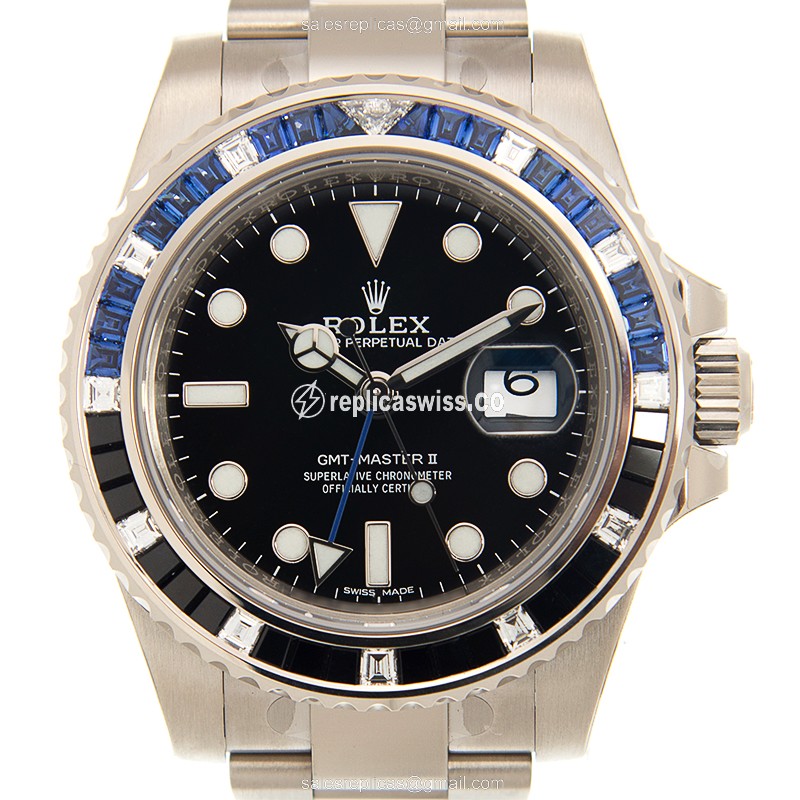 Rolex GMT-MASTER II Replica - Automatic - White Gold - Diamond Bezel - Black Dial - Luxury Replica GMT-MASTER II Watch