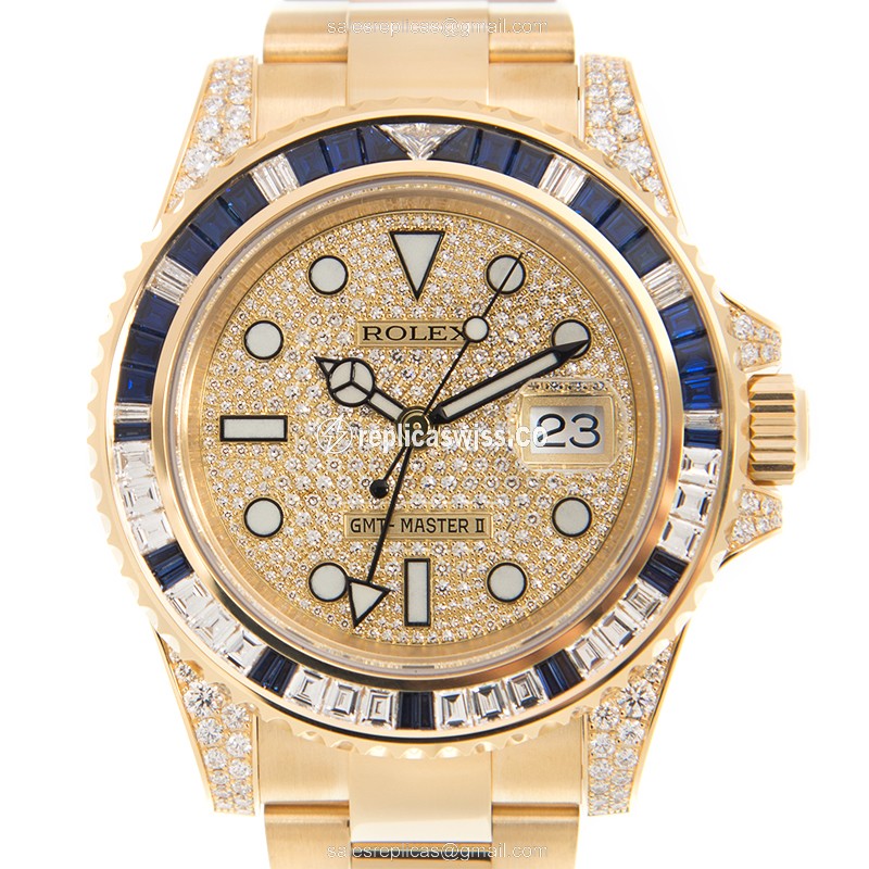 Rolex GMT-MASTER II Replica - Automatic | 18kt Gold Case | Diamond Pave | Silver Dial