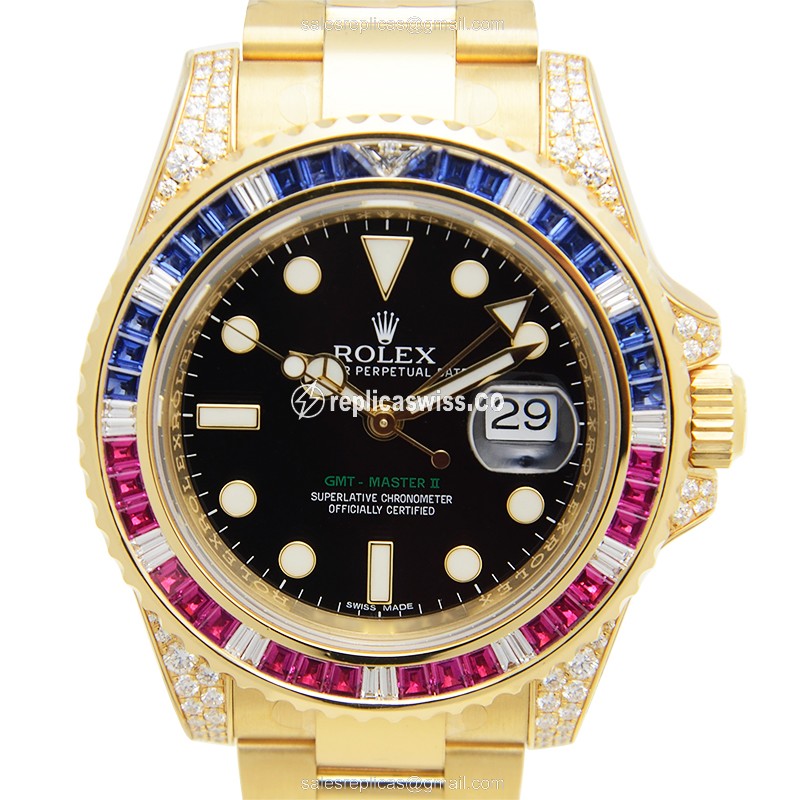 Rolex GMT-MASTER II Replica - Automatic - 18kt Gold - Black Dial on Steel Strap - Luxury Replica GMT-MASTER II Watch