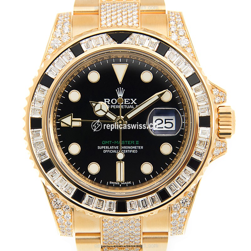 Rolex GMT-MASTER II Replica - Automatic - 18kt Gold Case - Black Dial on Gold Strap