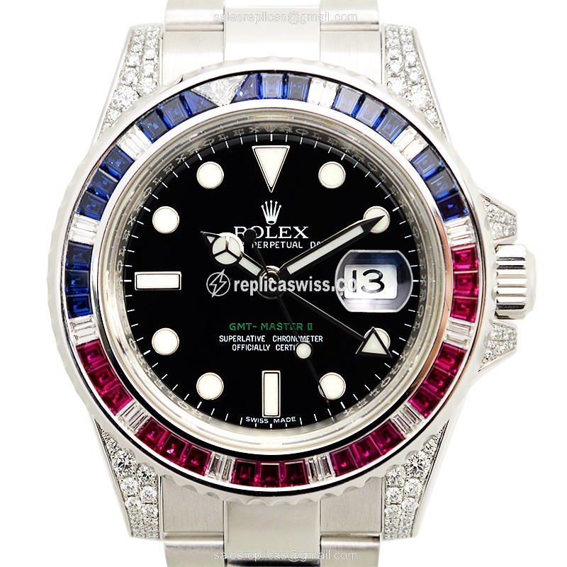 Rolex GMT-MASTER II Replica - Automatic - 18kt White Gold - Sapphire Crystal - Black Dial - Gold Clasp - Silver Strap