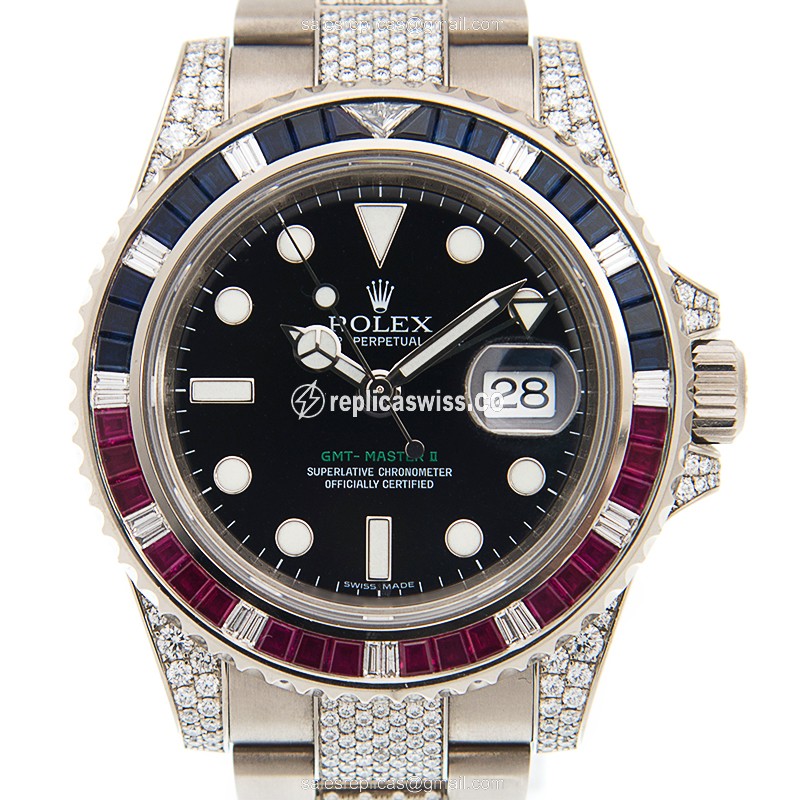 GMT-MASTER II Replica - Automatic - 18kt White Gold - Sapphire Case - Black Dial, Silver Diamond Strap