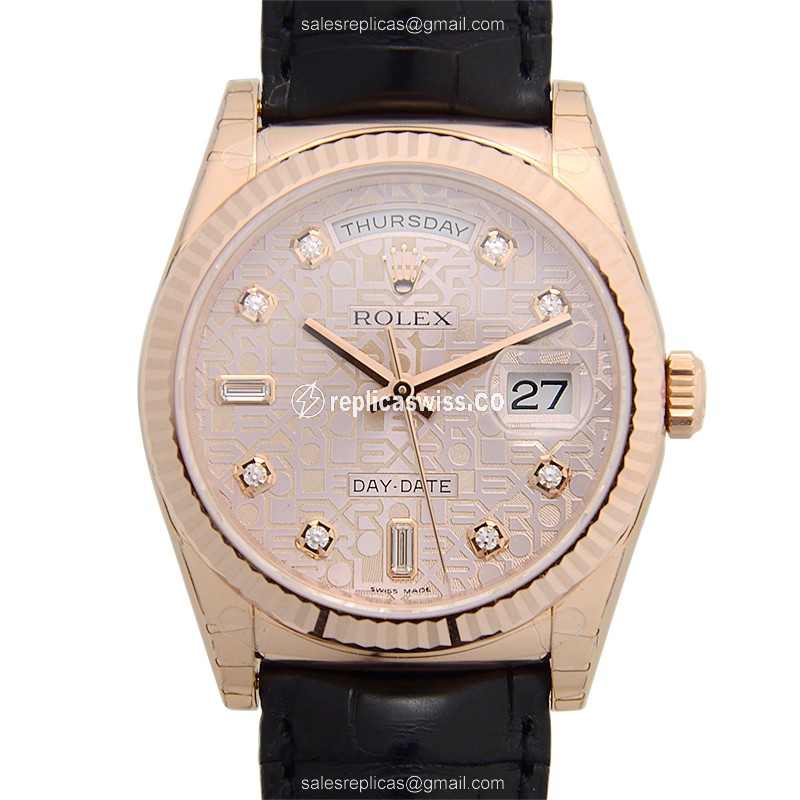 Rolex DAY-DATE Replica - Automatic - 18kt Rose Gold - Pink Dial - Leather Strap