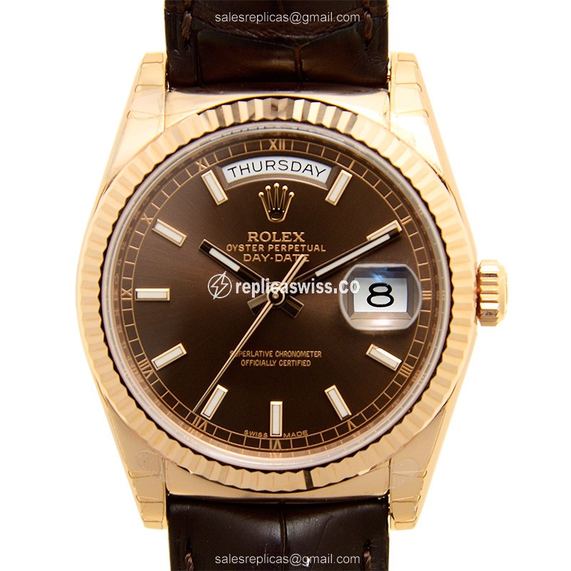 Rolex DAY-DATE Replica - Automatic - 18kt Rose Gold - Brown Dial, Leather Strap