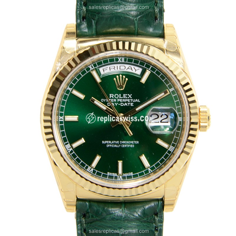 Rolex DAY-DATE Replica - Automatic - 18kt Gold - Dark Green Dial, Leather Strap