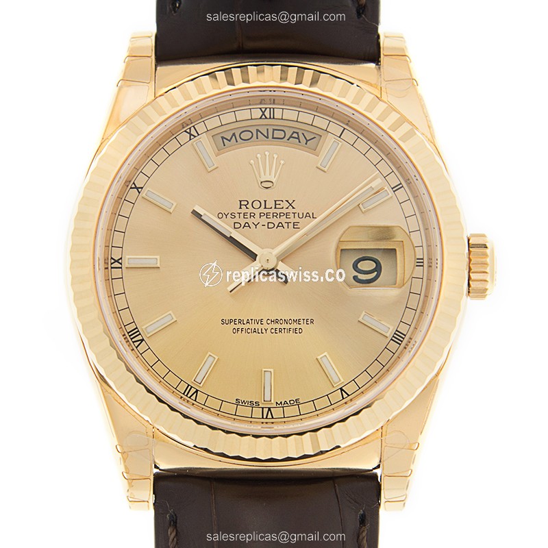 Rolex DAY-DATE Replica - 18kt Gold Case - Automatic - Brown Alligator Strap - Luxury Replica DAY-DATE Watch