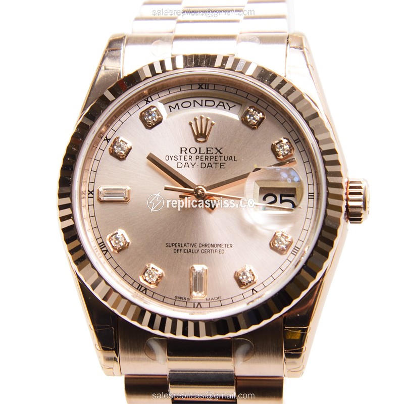 Rolex DAY-DATE Replica | Automatic | 18kt Gold Case, Pink Dial | Gold Clasp, Gold Strap